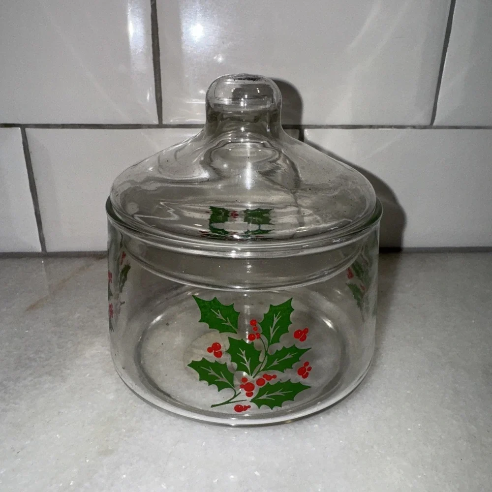 Vintage Christmas‎ Canister Apothecary Jar Candy Holly Indiana Glass